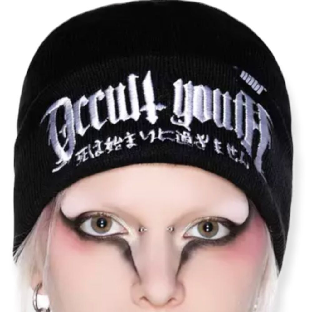 Occult Embroidered Skullies Flip Up Black Ribbed Beanie Cap Hat by Killstar